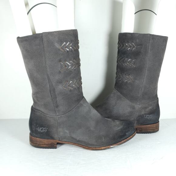 UGG Women's Caylin US 7 Gray Burnished Suede Braided Zip Riding Boots - Picture 7 of 16